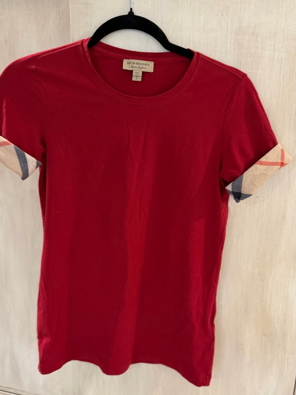Burberry Red Short-Sleeve Tee with Signature Check Cuffs